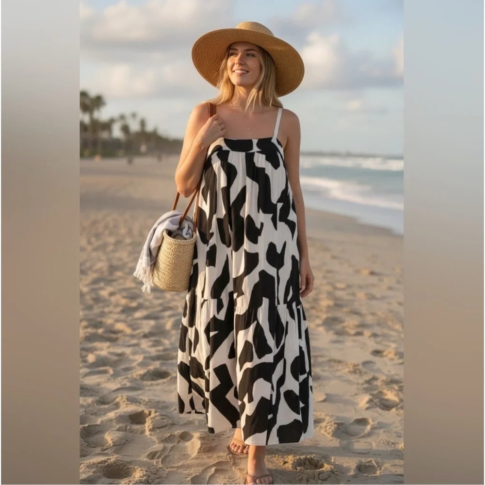 Anthropologie Abel the Label Black White Abstract Print Tiered Maxi Dress S - Picture 1 of 10